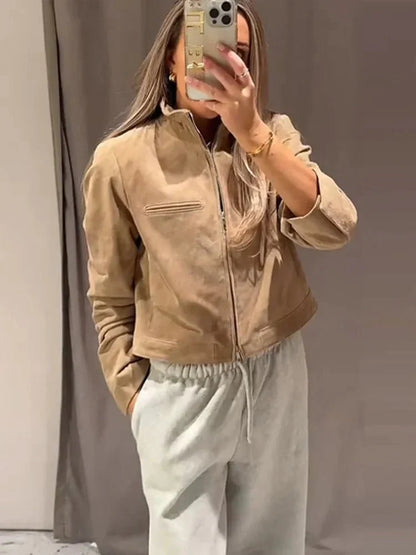 Women's Leather Jacket Stand-up Collar Modern