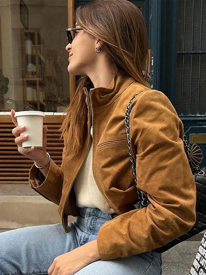 Women's Leather Jacket Stand-up Collar Modern