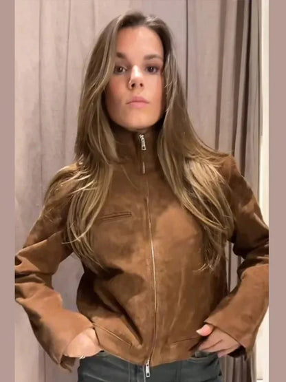 Women's Leather Jacket Stand-up Collar Modern