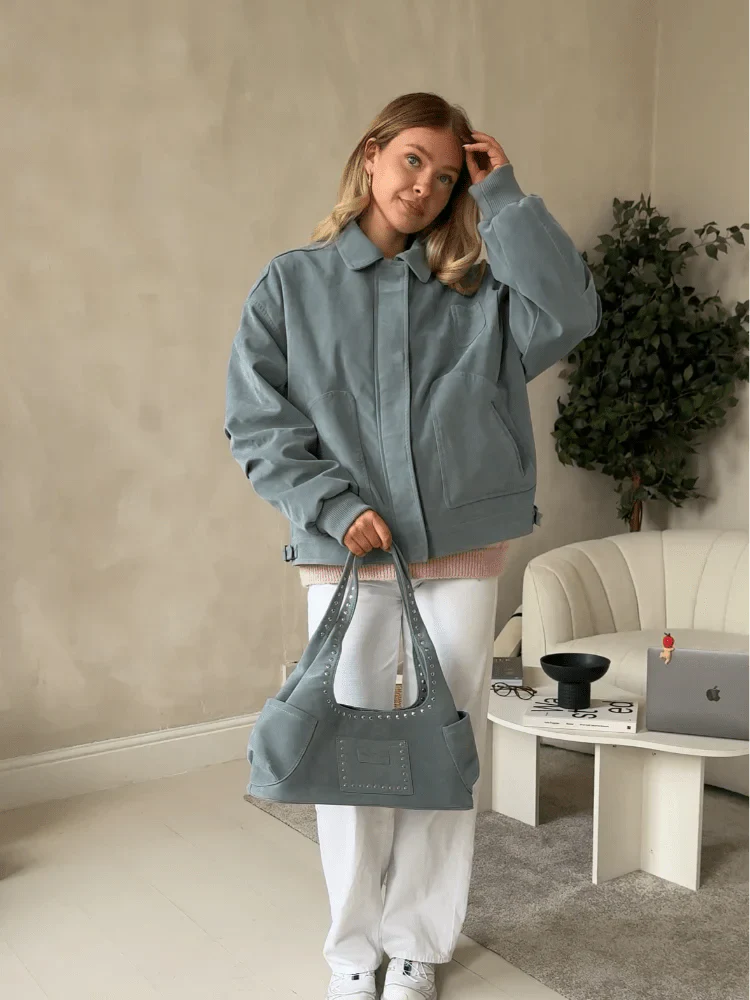 Blue Leather Jacket Soft Suede Bomber