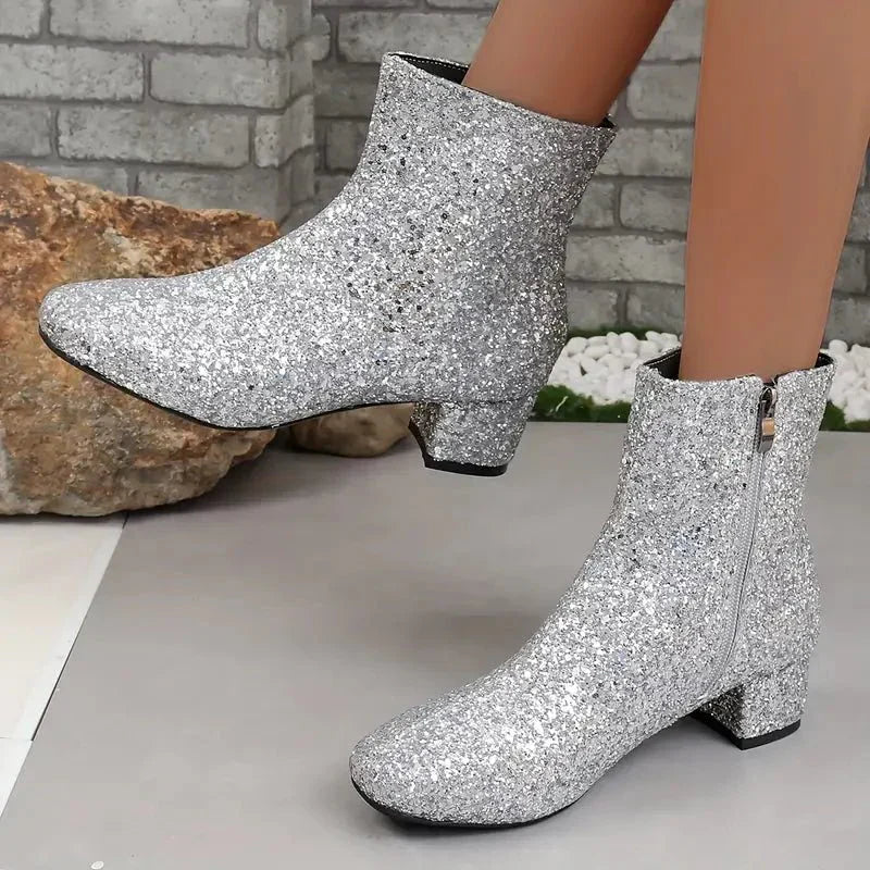 Glitter Ankle Boots Party Shoes High Heel Block Heel