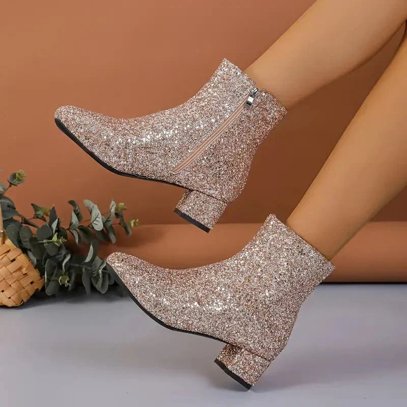 Glitter Ankle Boots Party Shoes High Heel Block Heel