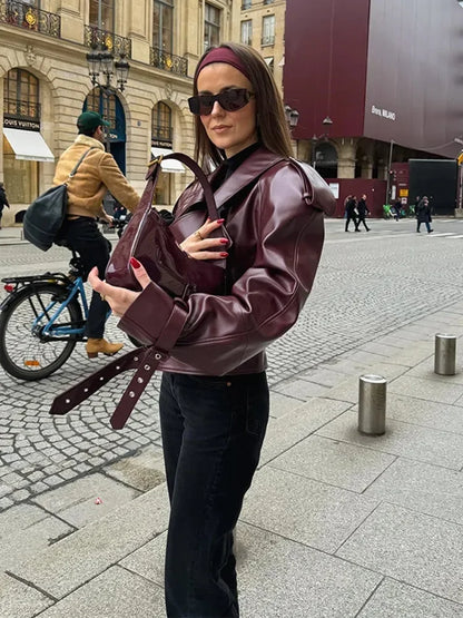 Kurze Lederjacke Damen Rot Reverskragen - IdealeKleiden