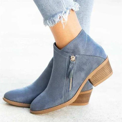 Ankle Boots Suede Look Side Zipper Block Heel