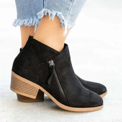 Ankle Boots Suede Look Side Zipper Block Heel