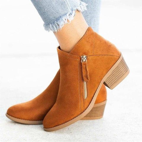 Ankle Boots Suede Look Side Zipper Block Heel