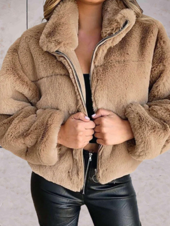 Cozy Faux Fur Jacket Warm Soft With Zipper