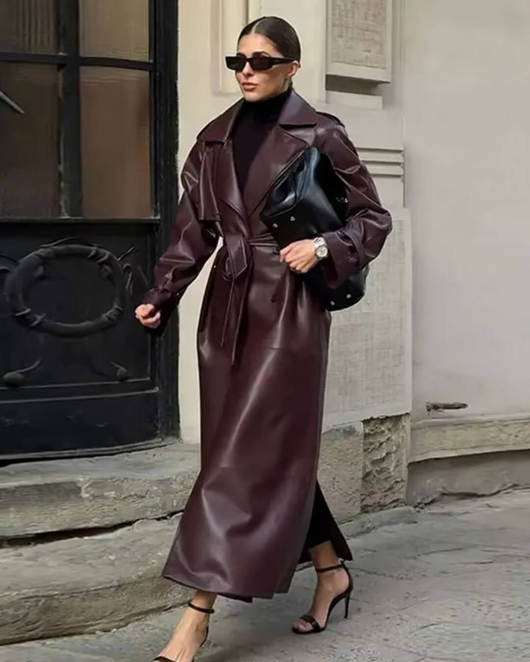 Women's Faux Leather Trench Coat Black Elegant
