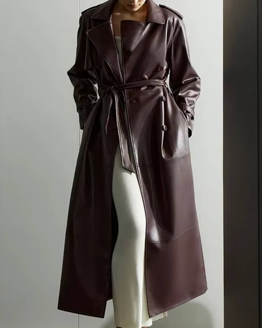 Women's Faux Leather Trench Coat Black Elegant