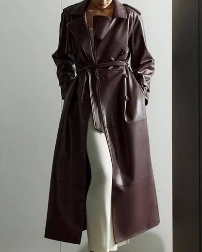 Women's Faux Leather Trench Coat Black Elegant