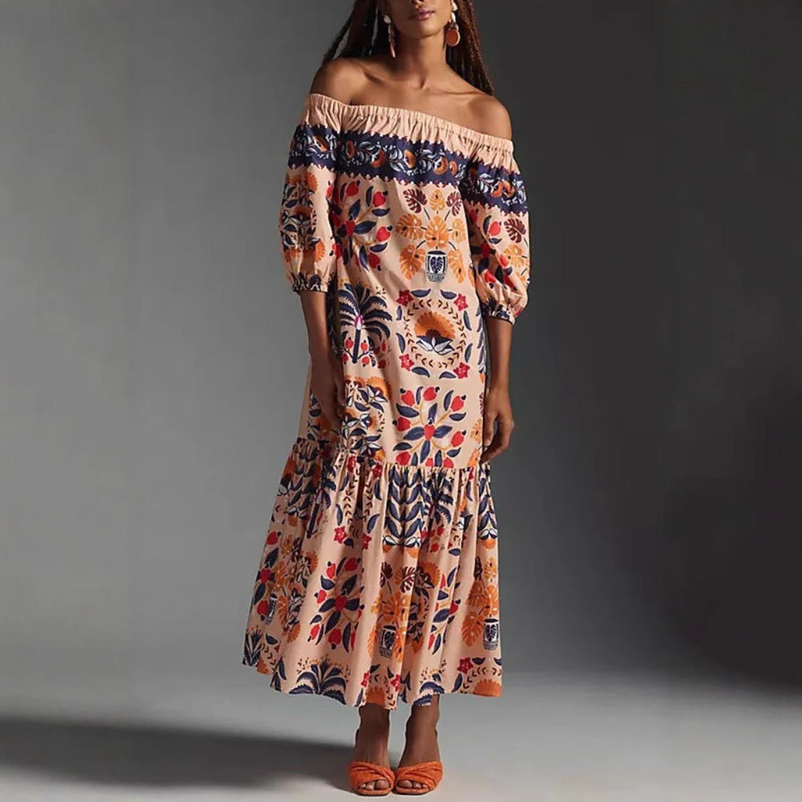 SommerMaxikleid Off-Shoulder Tropisches Design - IdealeKleiden