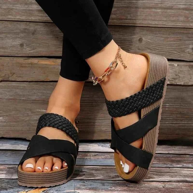 Comfortable platform sandals with braided strap and cross-strap