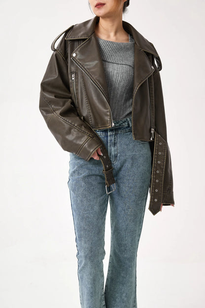 Kurze Lederjacke Biker Stil Vintage Look