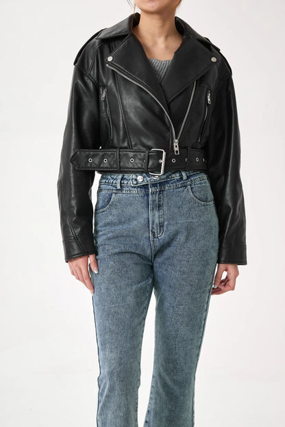 Kurze Lederjacke Biker Stil Vintage Look