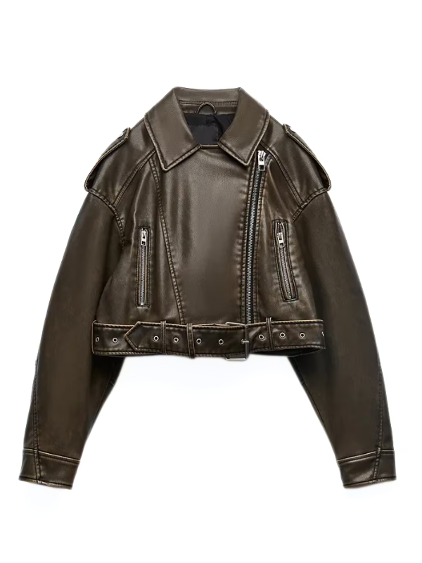 Kurze Lederjacke Biker Stil Vintage Look - IdealeKleiden