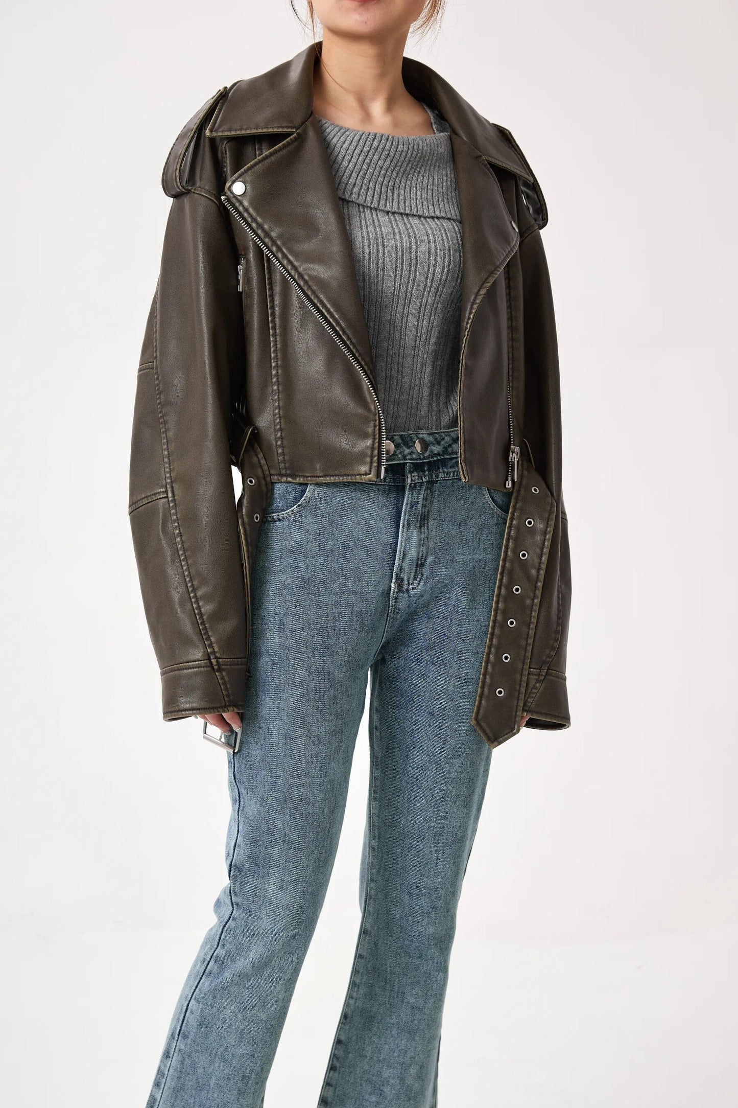 Kurze Lederjacke Biker Stil Vintage Look