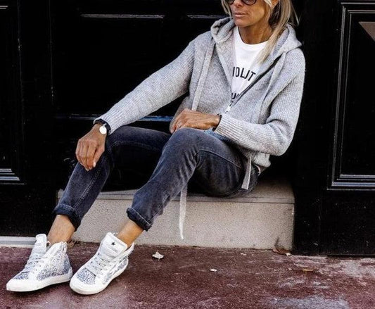 Graue Strickhoody Damen Warm Komfortabel - IdealeKleiden