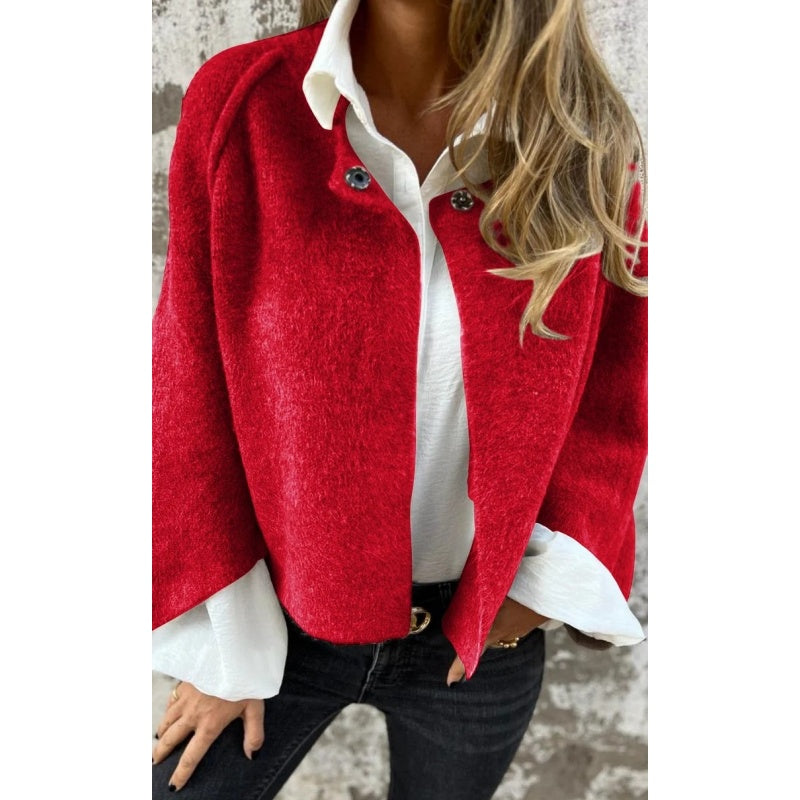 Short Wool Coat Women Elegant Round Neck