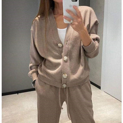 Two-piece business outfit: Cardigan with buttons and matching dress pants