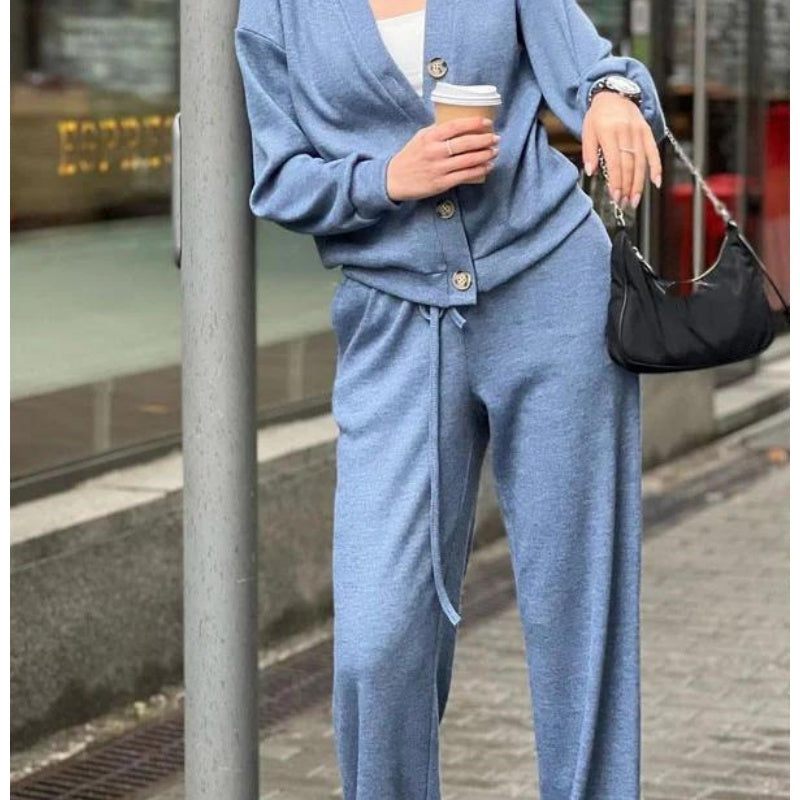 Two-piece business outfit: Cardigan with buttons and matching dress pants