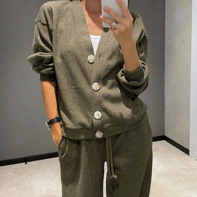 Two-piece business outfit: Cardigan with buttons and matching dress pants