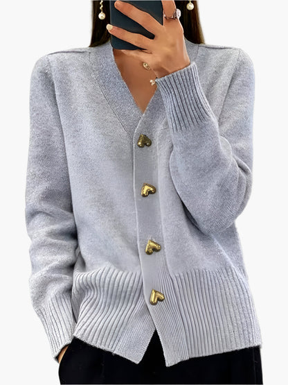 Stylish Cardigan with Heart Buttons - Women's Elegant Knitted Sweater