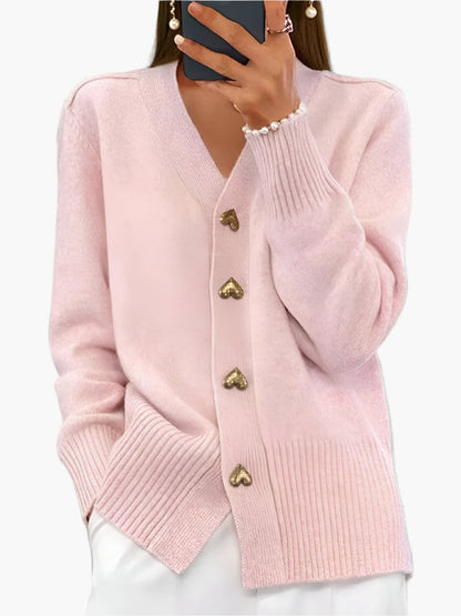 Stylish Cardigan with Heart Buttons - Women's Elegant Knitted Sweater