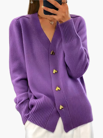 Stylish Cardigan with Heart Buttons - Women's Elegant Knitted Sweater