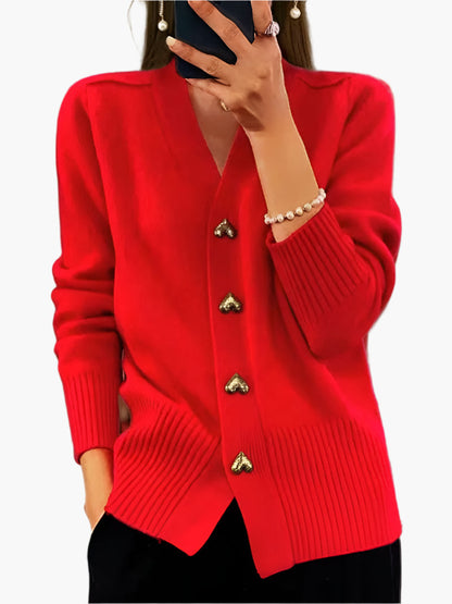 Stylish Cardigan with Heart Buttons - Women's Elegant Knitted Sweater