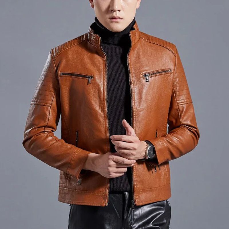 Stylish Leather Jacket Front Zipper