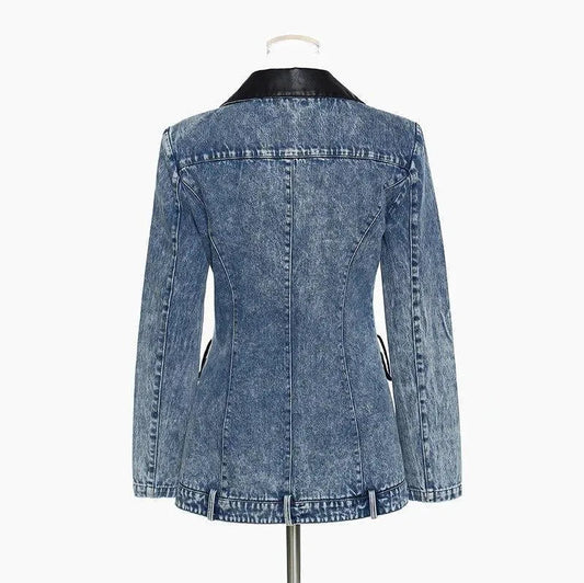 Modische Damenblazer Lederkragen Denim Elegent Schwarz - IdealeKleiden