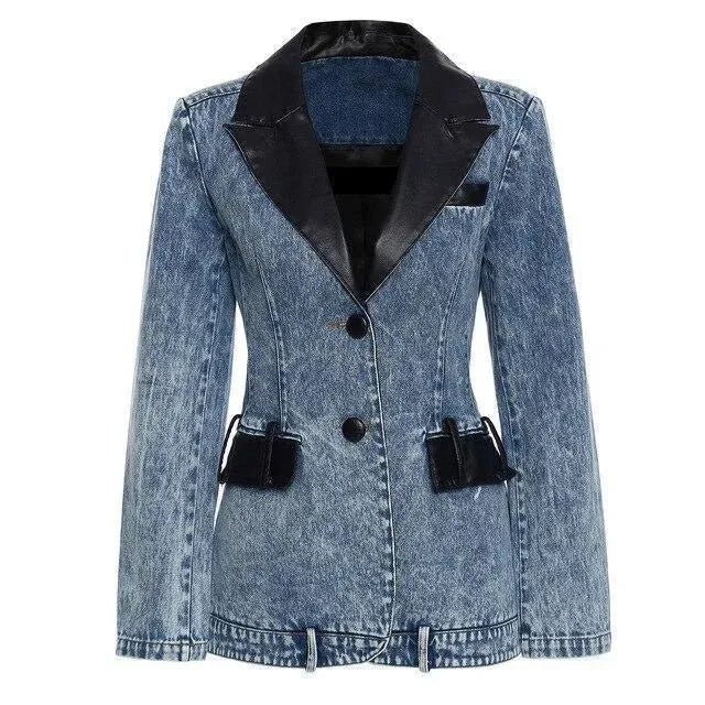 Fashionable Women's Blazer Leather Collar Denim Elegant Black