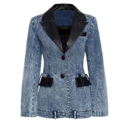 Fashionable Women's Blazer Leather Collar Denim Elegant Black