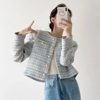 Stylish Tweed Coat Stripe Pattern Women's Jacket