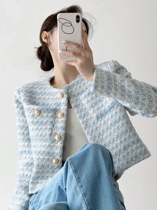 Stylisher Tweed-Mantel Streifenmuster Damenjacke - IdealeKleiden