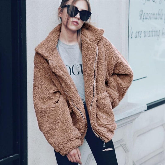 Teddy Mantel Oversized Weich Fleece Reißverschluss - IdealeKleiden
