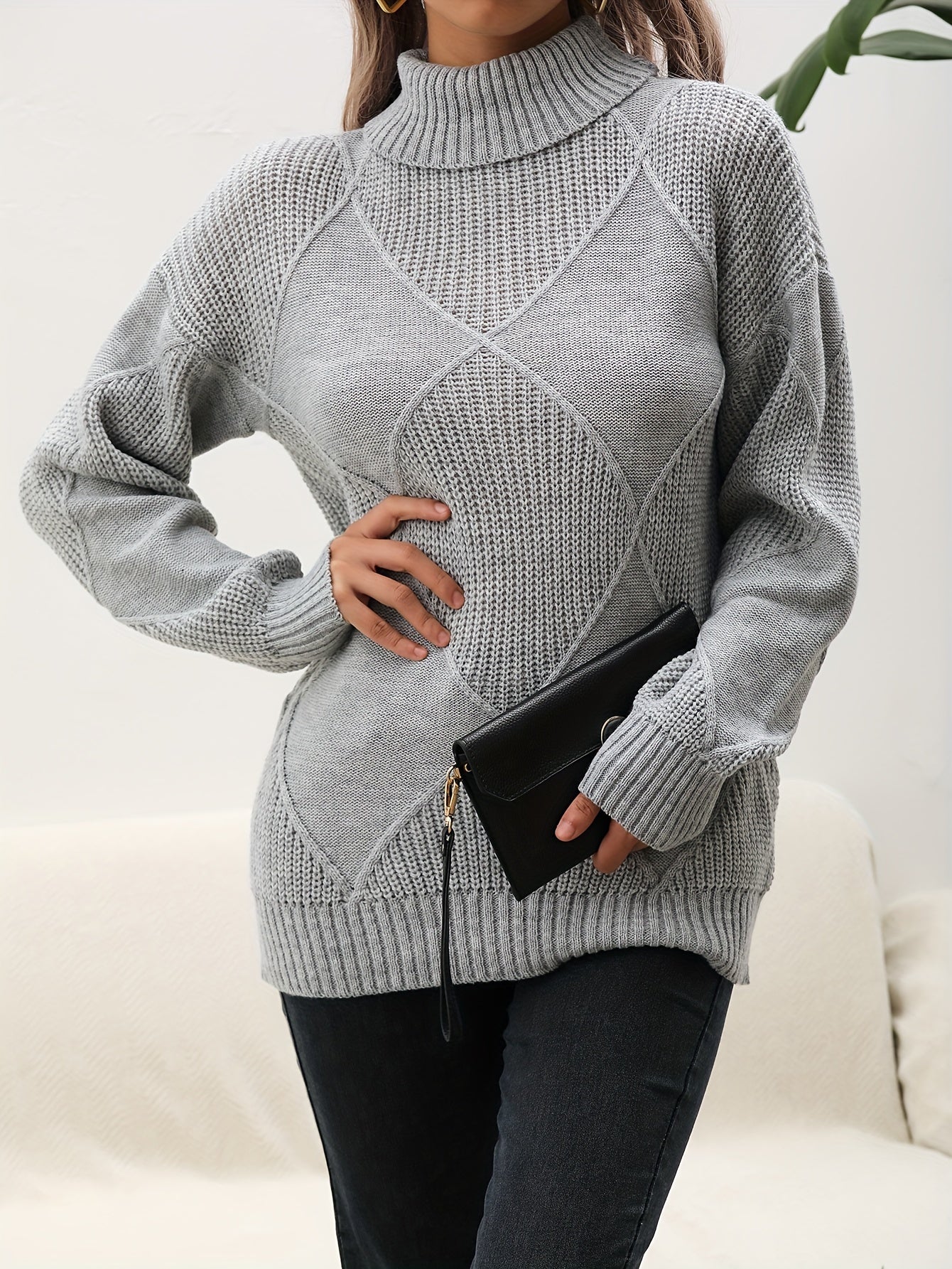 Modischer Einfarbiger Pullover Rollkragen Stil - IdealeKleiden