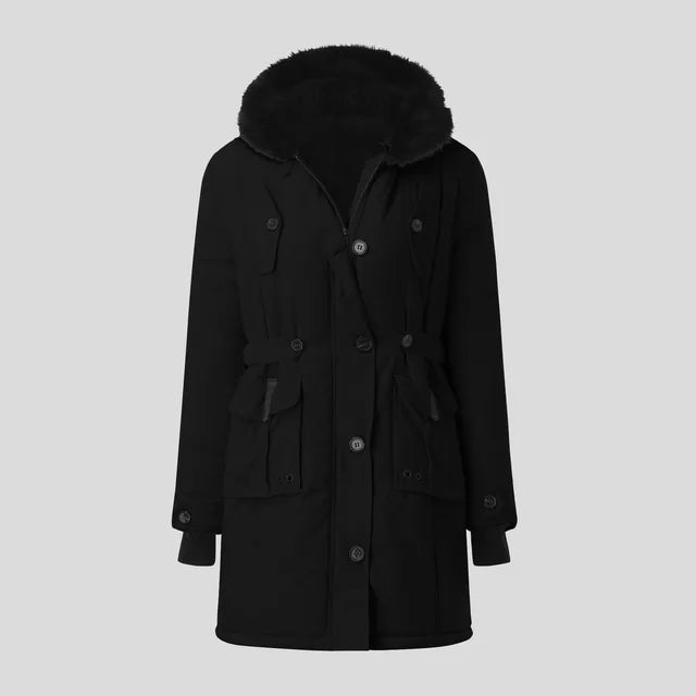 Ladies' Casual Parka with Black Faux Fur Hood