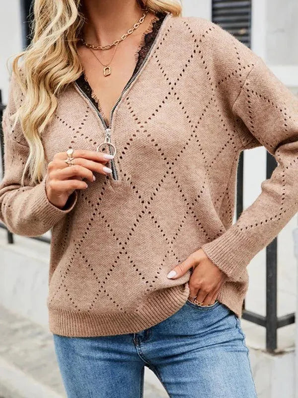 Elegantes Frauen Oberteil | Reißverschluss Pullover Top Modern - IdealeKleiden