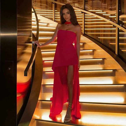 Valentina - Asymmetrical Evening Gown with Chiffon Train & High Slit