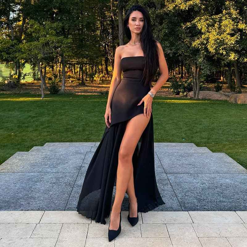 Valentina - Asymmetrical Evening Gown with Chiffon Train & High Slit
