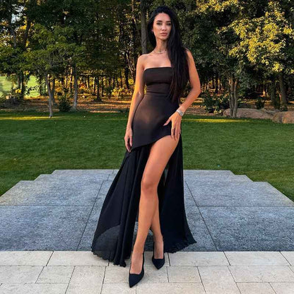 Valentina - Asymmetrical Evening Gown with Chiffon Train & High Slit