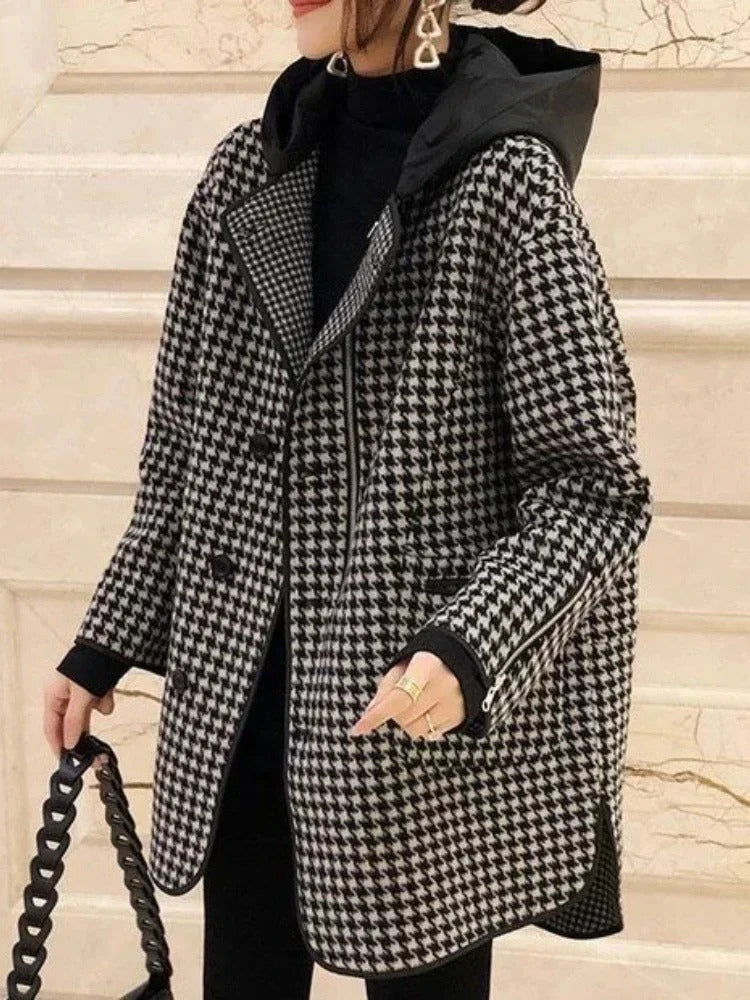Stylischer Damen Mantel Karo Kapuze - IdealeKleiden