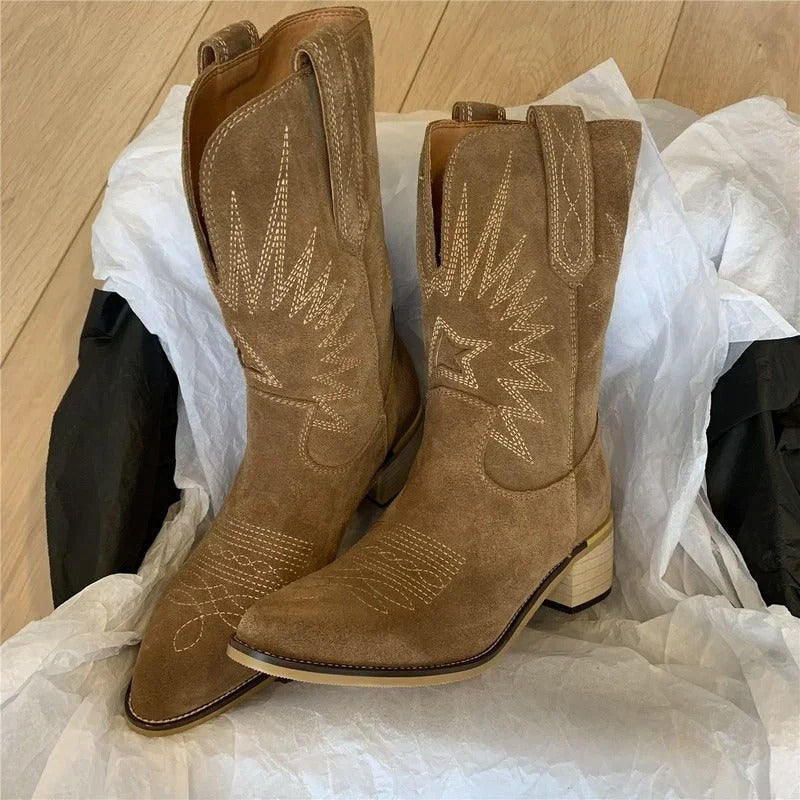 Stylische Lederstiefel Bestickt Western Design - IdealeKleiden