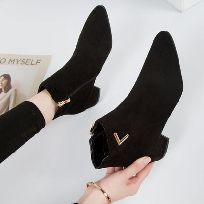 Stylish Ankle Boots Suede Pointed Block Heel