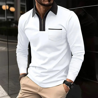 Men's Long Sleeve Polo Shirt Contrast Collar Zipper