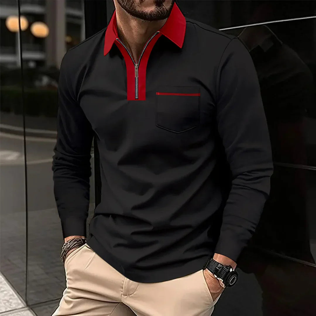 Men's Long Sleeve Polo Shirt Contrast Collar Zipper