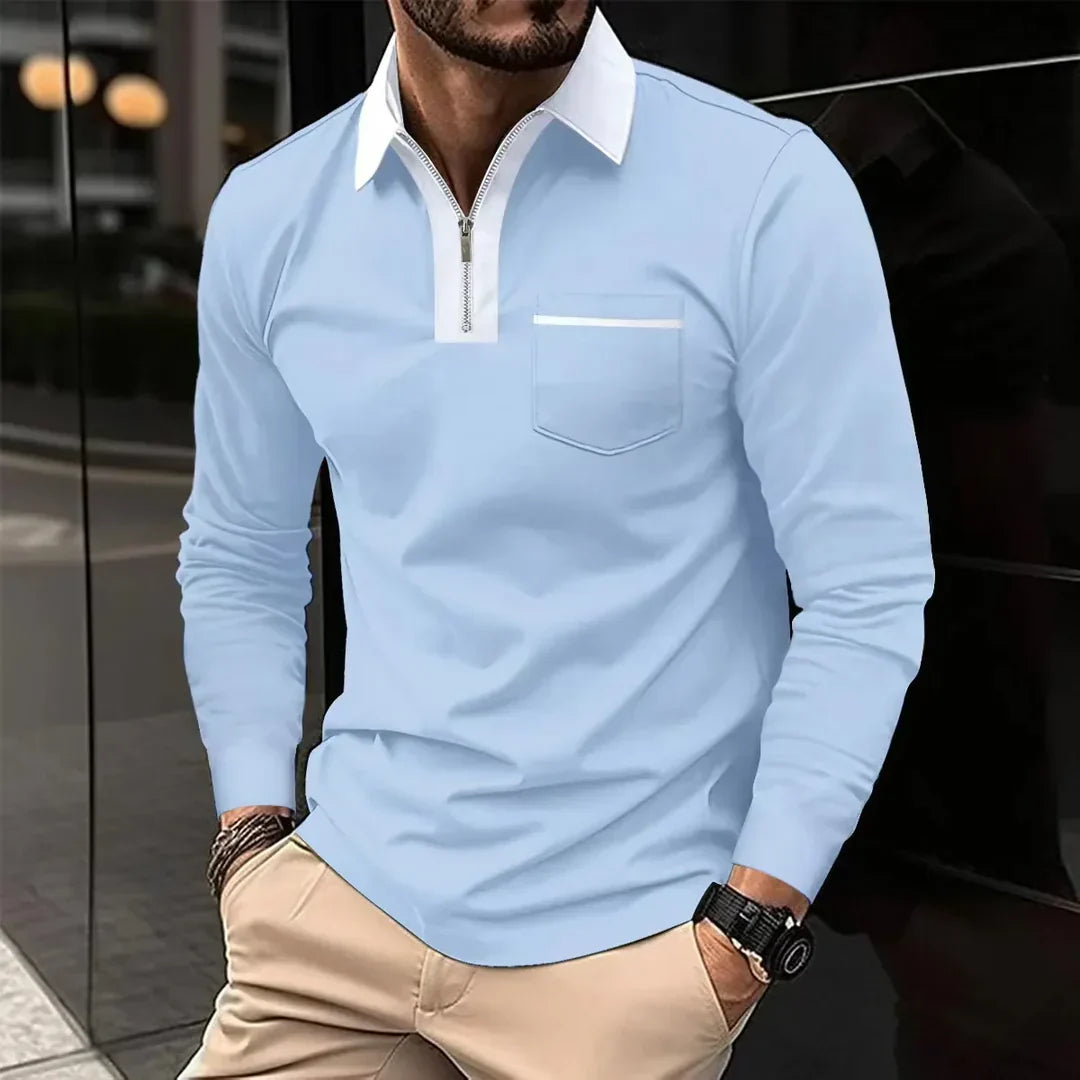 Men's Long Sleeve Polo Shirt Contrast Collar Zipper