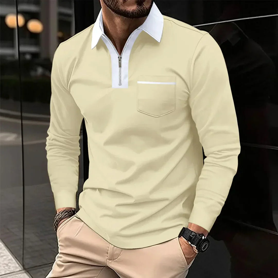 Men's Long Sleeve Polo Shirt Contrast Collar Zipper