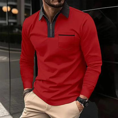 Men's Long Sleeve Polo Shirt Contrast Collar Zipper